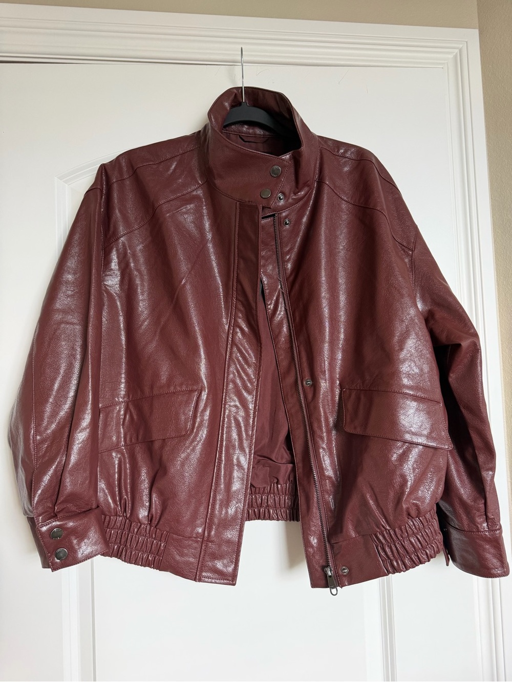ASOS women’s Burgundy Leather Bomber Jacket